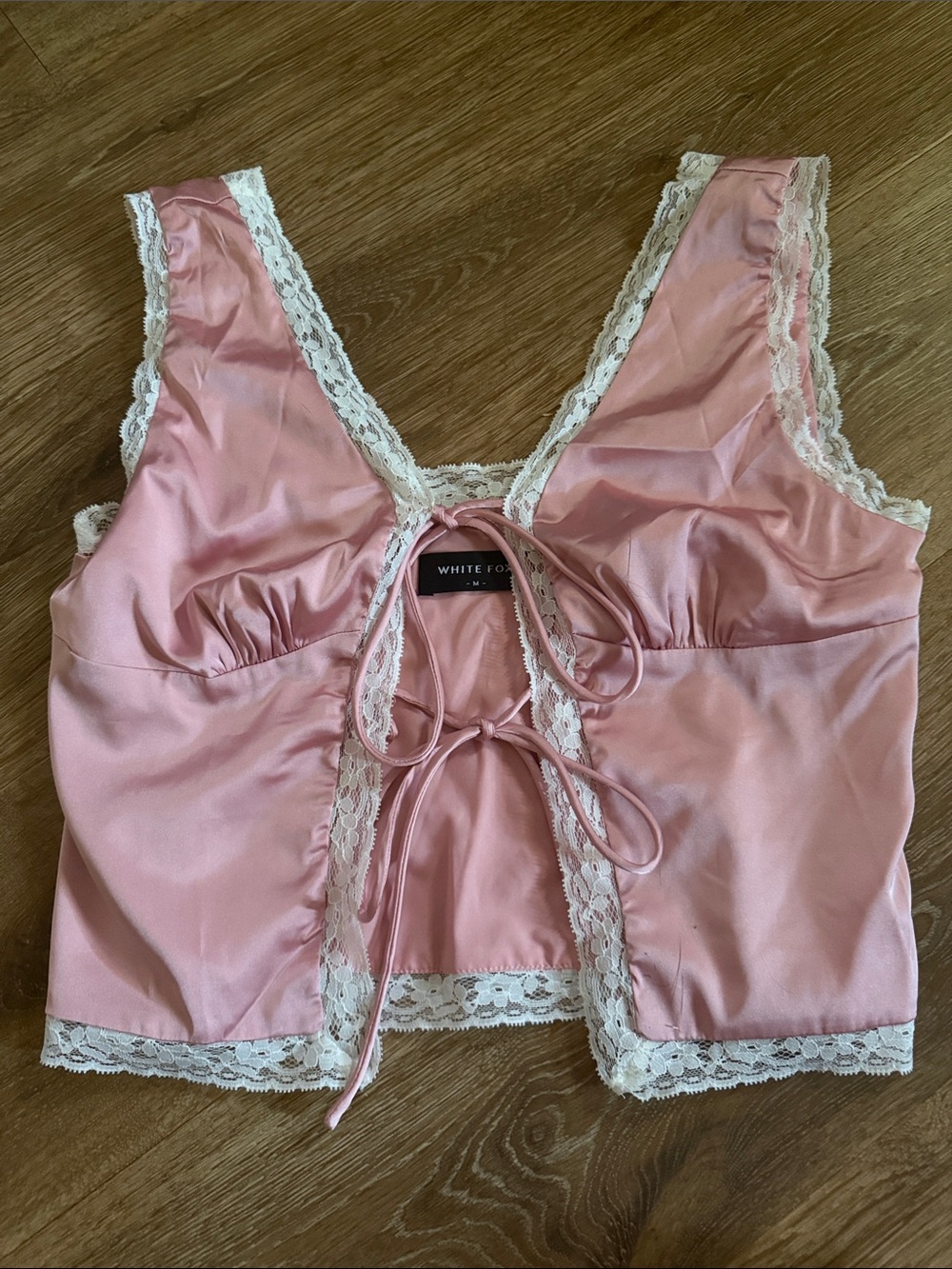 White Fox Boutique Pink Lace-Trim Satin Tank